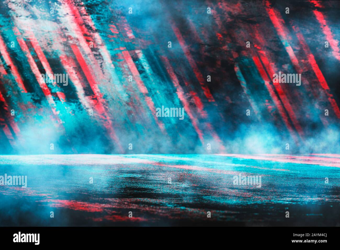 Gaming Produkt Showcase Dunkler Spotlight Hintergrund Mit Futuristischen Neonstreifen Auf Nasser Oberflache Und Rauch Stockfotografie Alamy