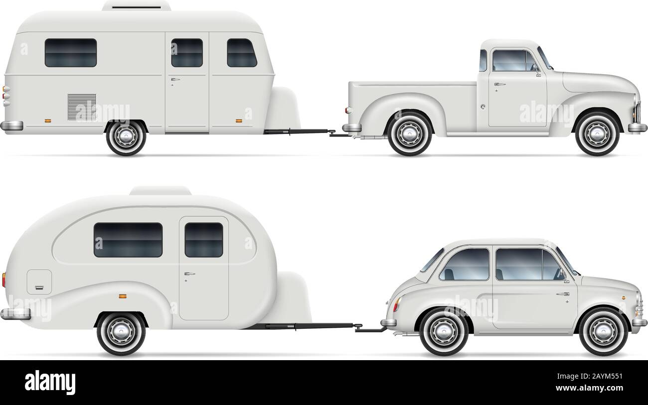 Auto zieht Wohnmobile Camping-Anhänger auf weißem Hintergrund. Seitenansicht des Pickup-Staplers mit isolierter Vektorgrafik für Freizeitfahrzeuge. Stock Vektor
