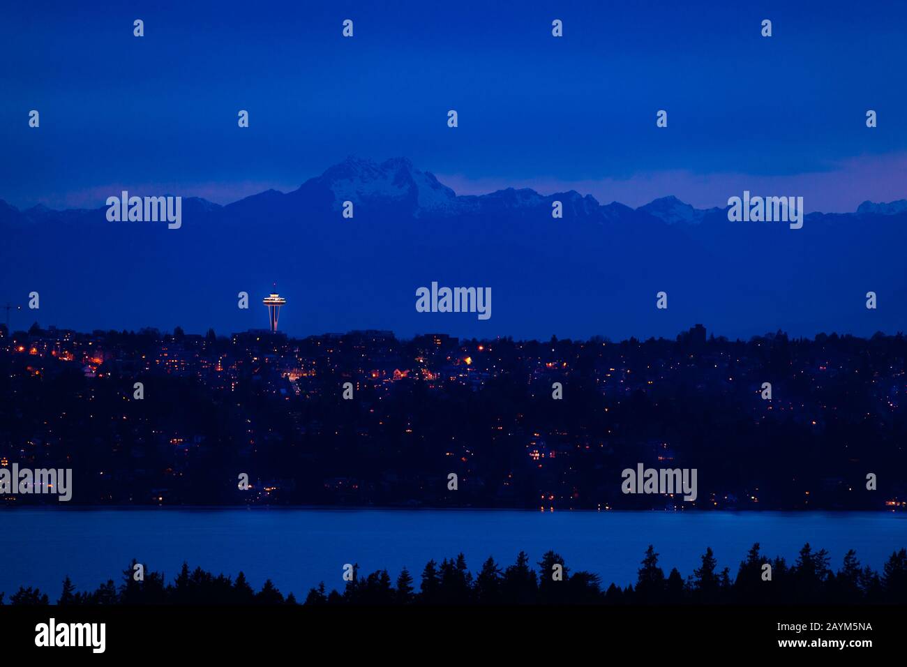 Blick auf die Stadt Seattle bei Nacht und den Olymp im Hintergrund mit Häusern, Washington See vor Bellevue, WA, USA Stockfoto