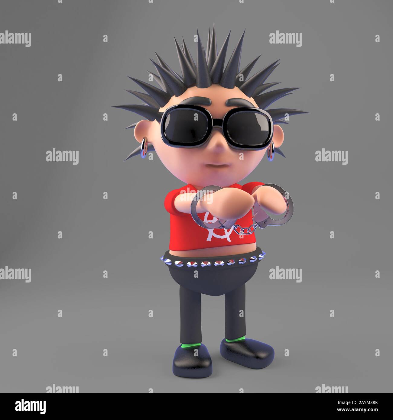 Vicious Punkrocker wurde verhaftet und trägt Handschellen, 3D-Illustration Rendering Stockfoto