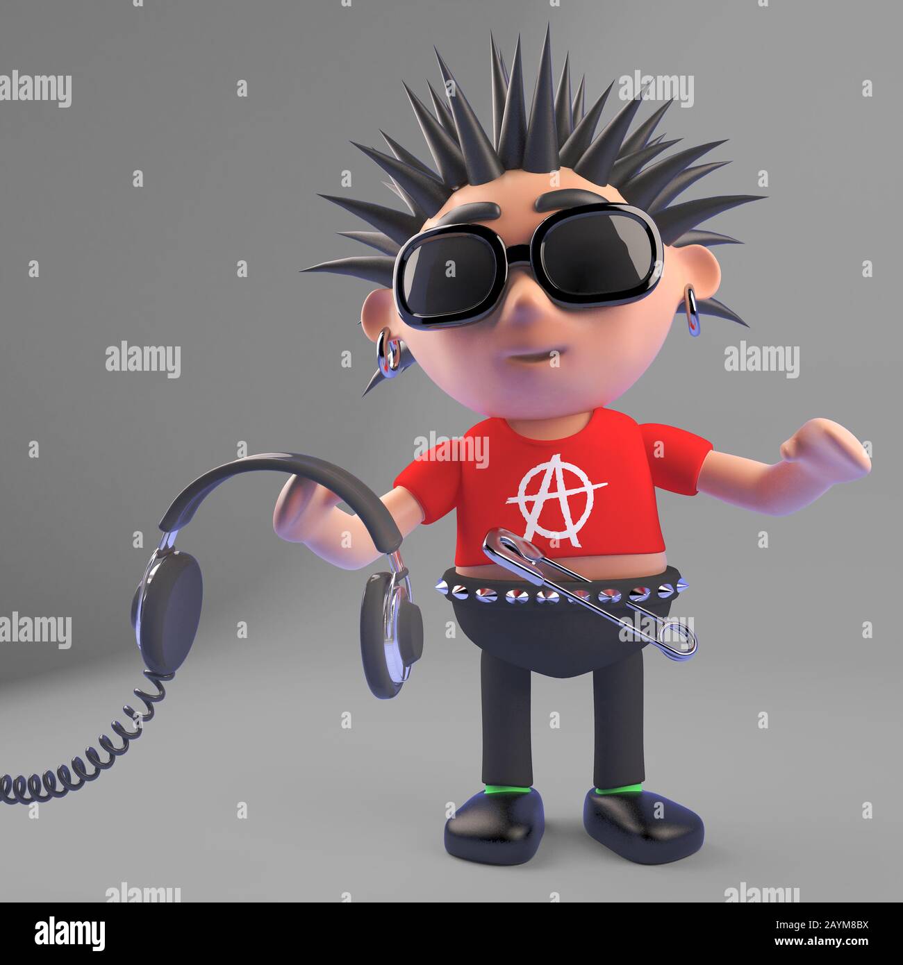 Cartoon Punk-Rocker mit Kopfhörer, 3D-Illustration Rendering Stockfoto