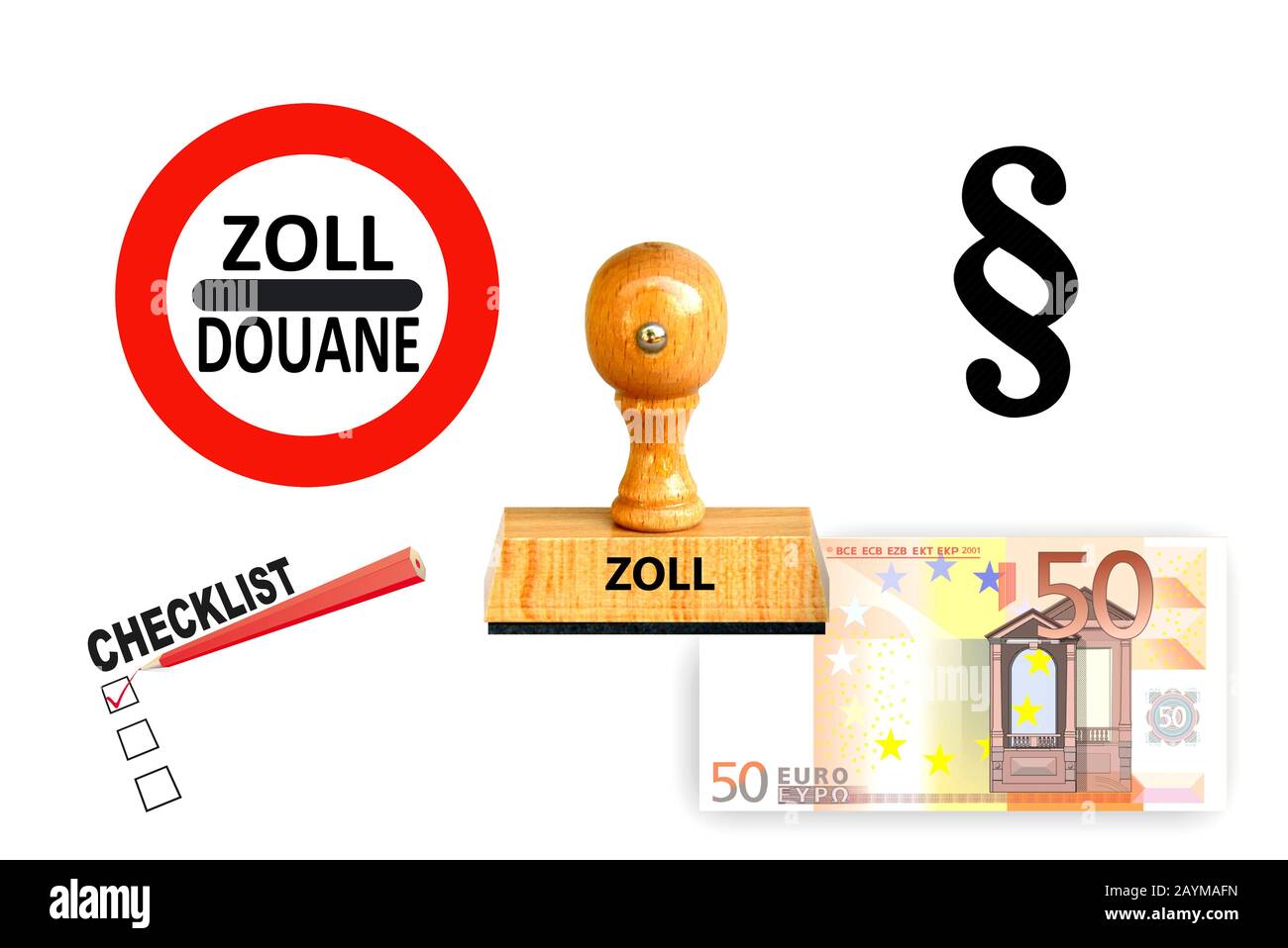 Stempelschrift Zoll, Custom, Absatzzeichen, Scheckliste eine Euro-Rechnung im Hintergrund, Deutschland Stockfoto