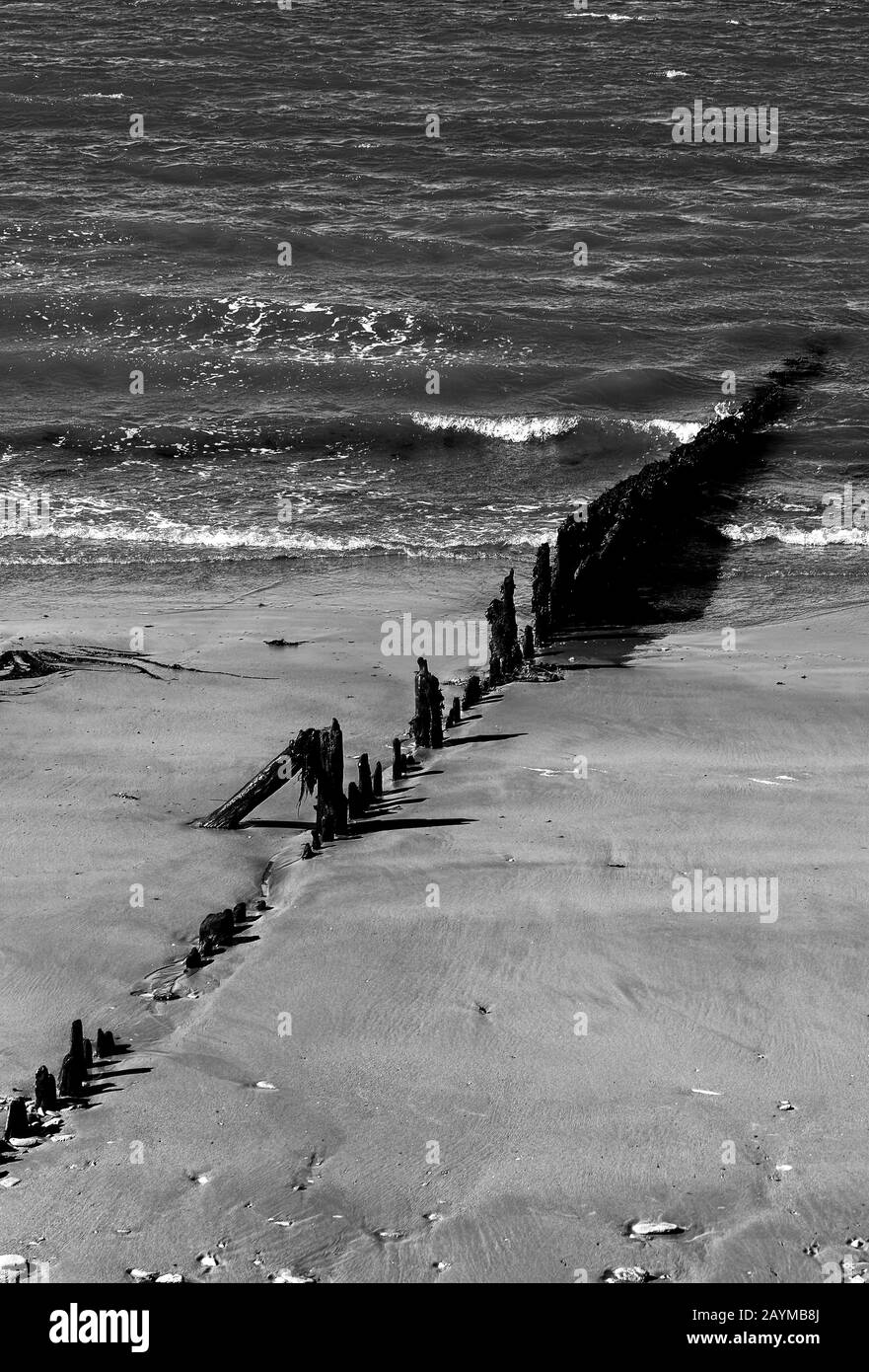 Verfallende Holzwellen brechen an einem sandigen Strand Stockfoto