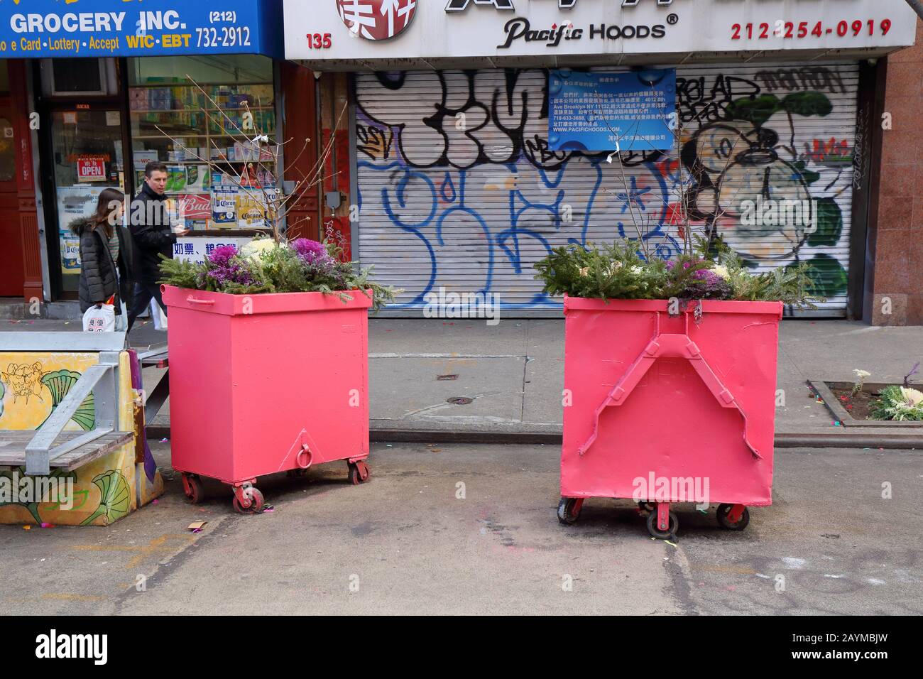 Kommerzielle Müllcontainer, die in Manhattans gentrifizierender „Dimes Square“ Chinatown/Lower East Side als Blumenpflanzen mit dekorativen Kohl umfunktionierten Stockfoto