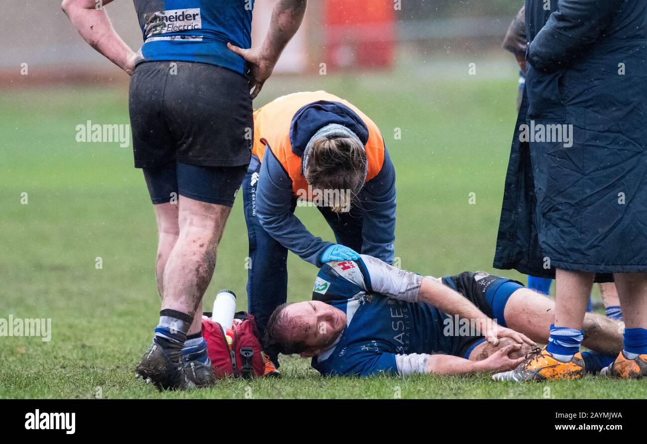 Injuried Rugby-Union-Amateurspieler, der auf dem Feld medizinisch behandelt wurde Stockfoto