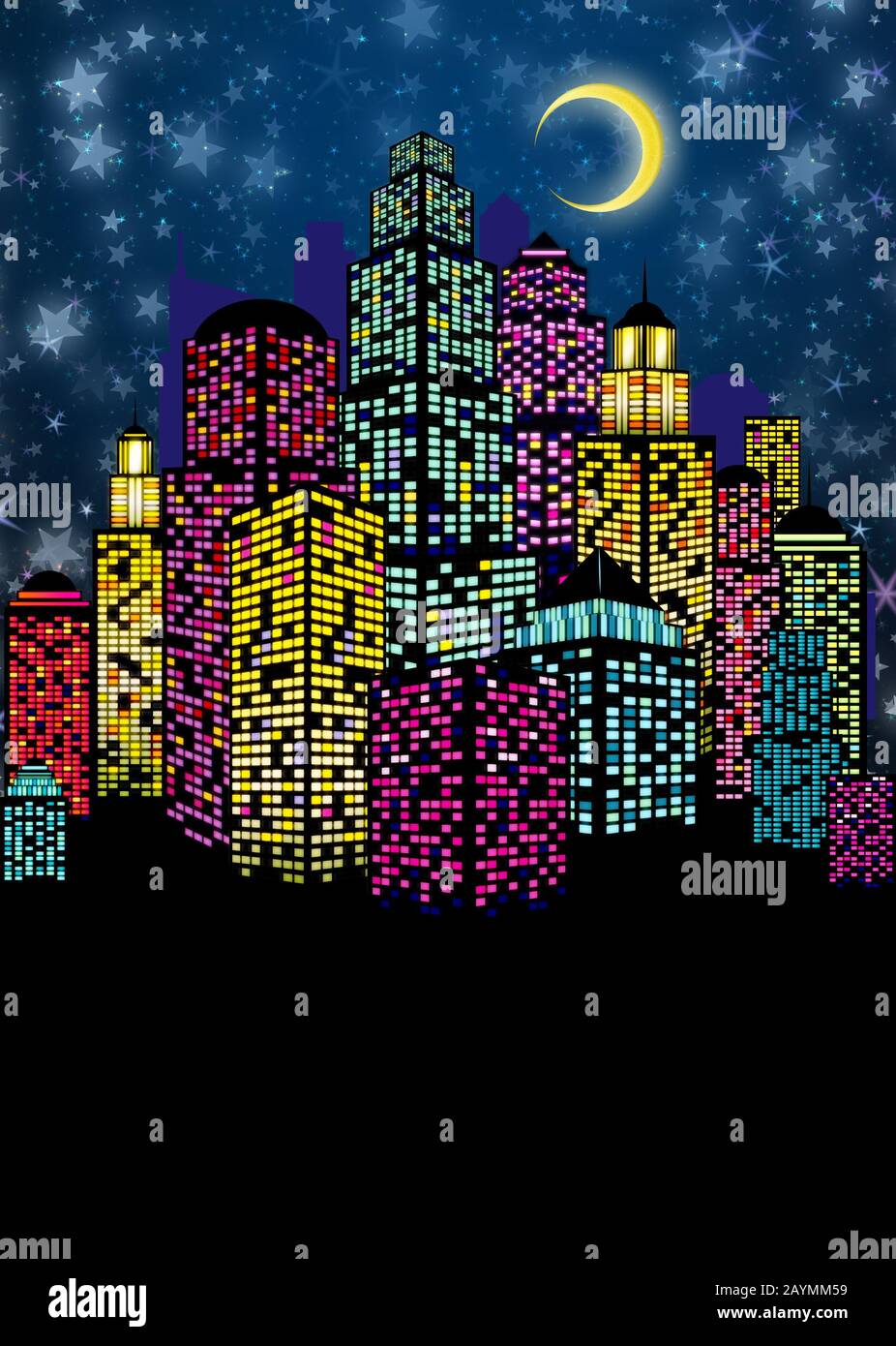 Retro City Design mit leuchtenden neon Windows unter Sternenhimmel. Stockfoto