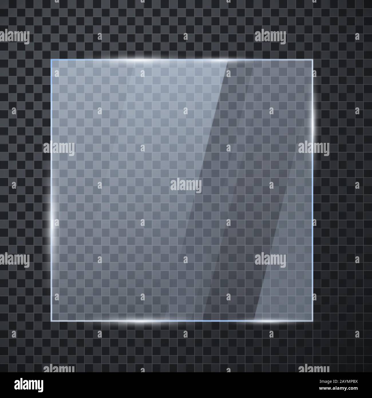 Quadratisches Glasbanner. Glänzende Rahmenvorlage mit Spiegelung isoliert auf transparentem Hintergrund. Vektorgrafiken Stock Vektor