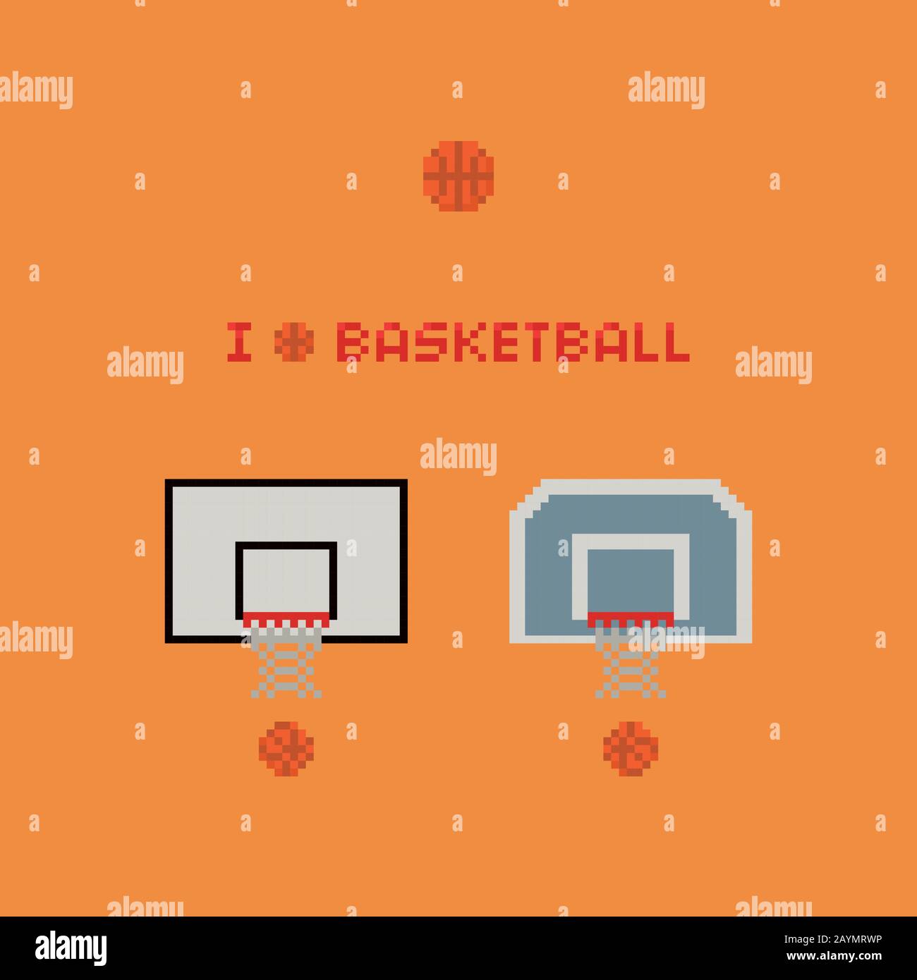 Pixel Art 8-Bit-Basketball-Ringe, Bälle, Netz-Vektor-Symbolabbildung auf gelbem Hintergrund Stock Vektor
