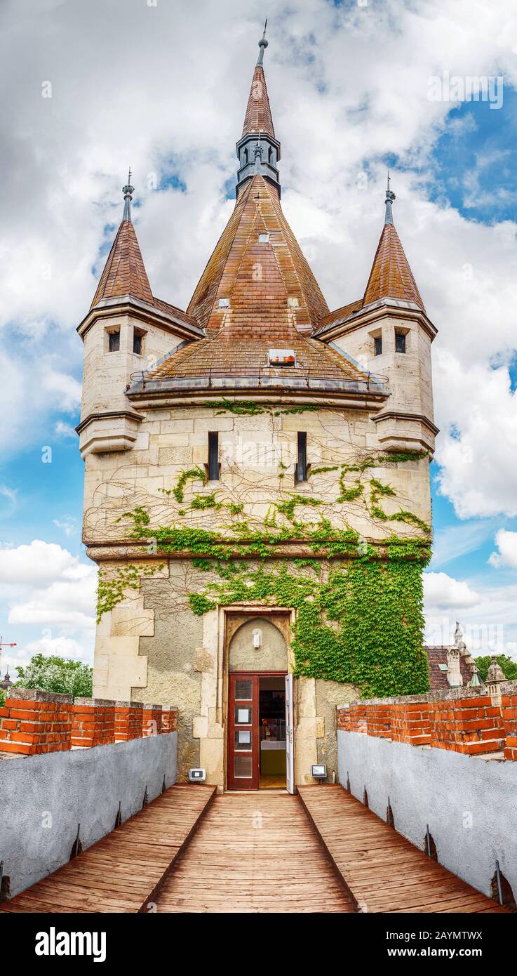 Sehen Sie sich das Turmgebäude auf der Burg Vajdahunyad in Budapest an Stockfoto