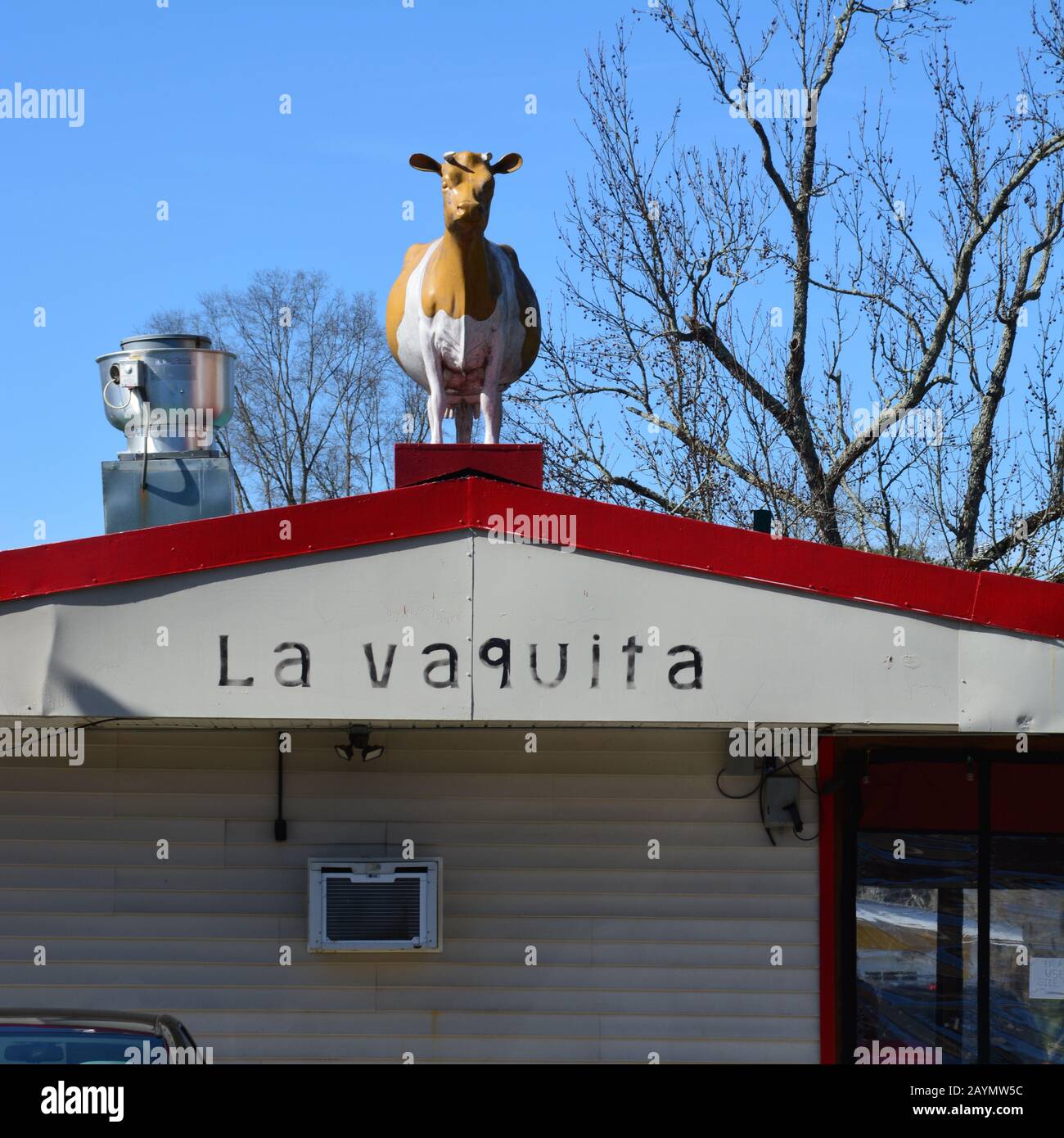 Eine lebensgroße Kuh sitzt auf La Vaquita Taqueria in Durham North Carolina. Stockfoto