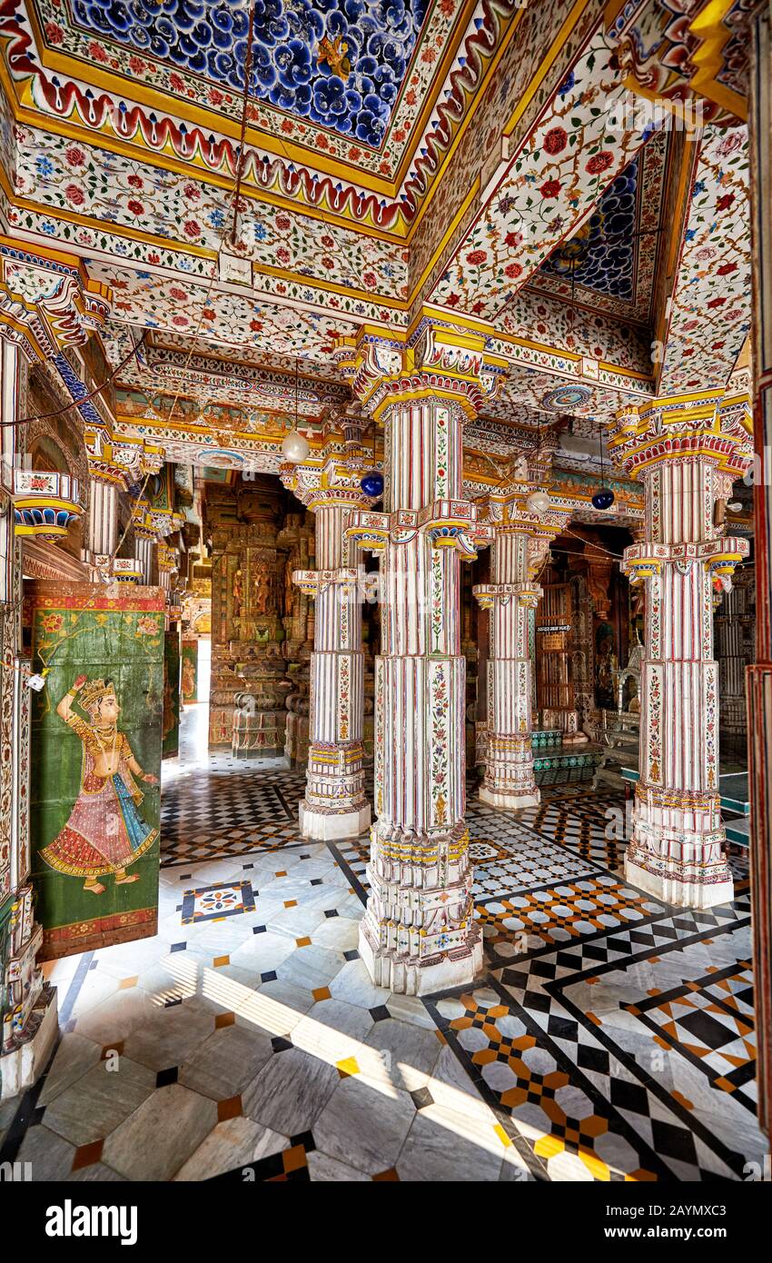 Aus Stein gehauene Säulen, Innenschuss von Bhandasar Jain Temple, Bikaner, Rajasthan, Indien Stockfoto