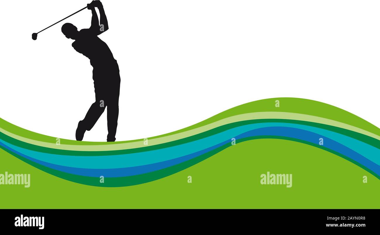 Turnierhintergrund für den Golfclub Wettbewerb. Vektorplakat mit Mann, das auf Grün spielt Stock Vektor