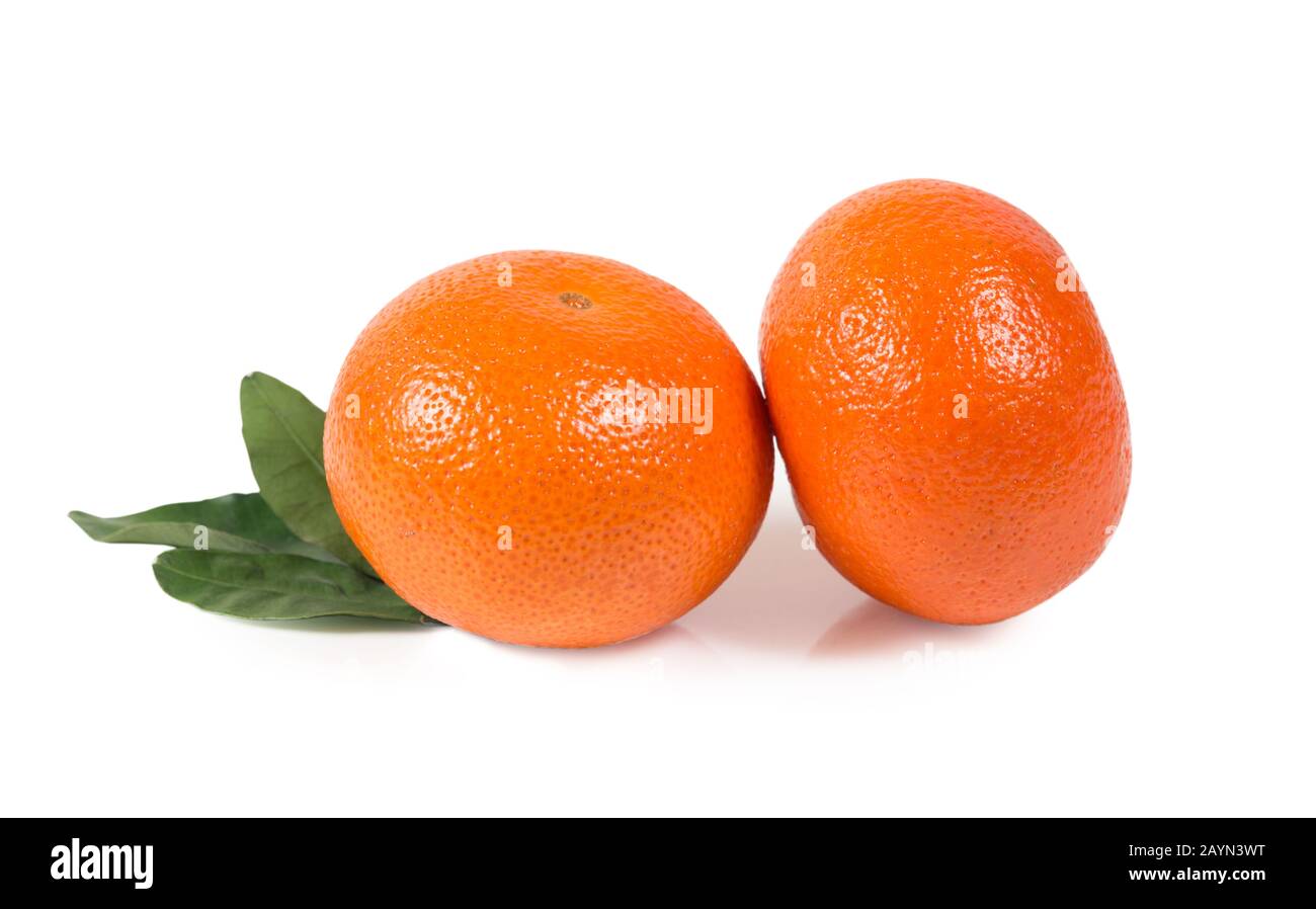 Mandarine oder Clementine bei grünen Blättern, isoliert auf weißem Hintergrund, isoliert mit Beschneidungspfad Stockfoto