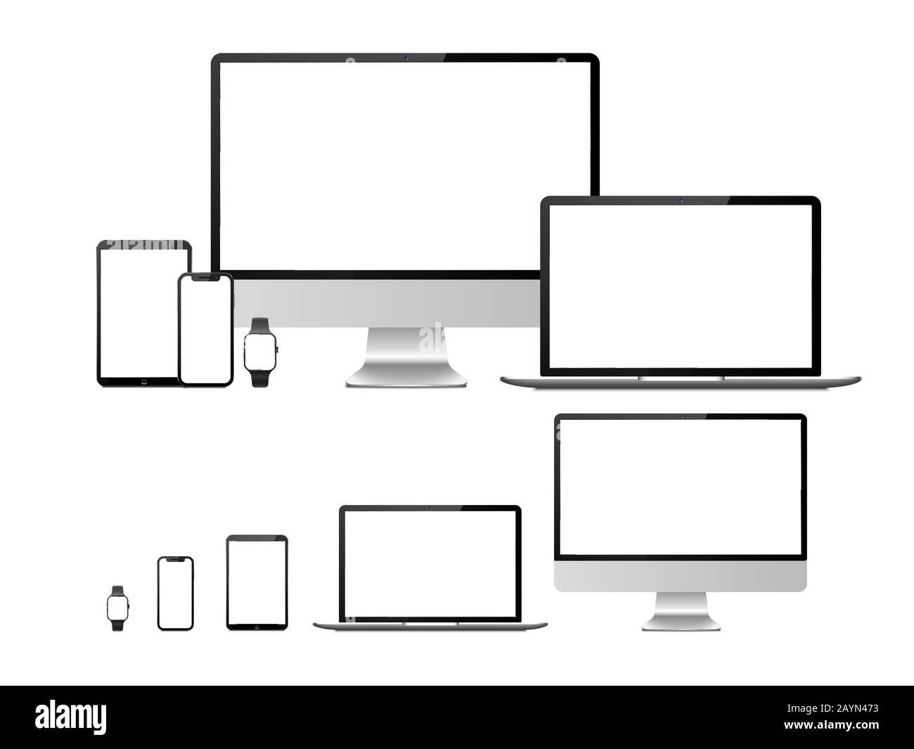 Computer, Laptop, Tablet, Smartphone und Smart-Watch-Gerät mit leerem weißem Bildschirm. Geräte Mockup für Präsentation isolierter Vektorsatz Stock Vektor