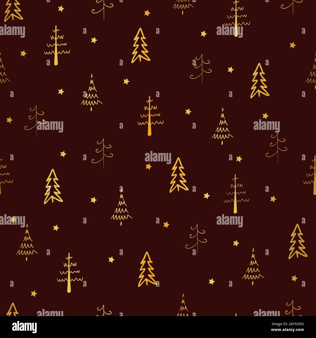 Weihnachtsbaum und Sternenvektor nahtlos, wiederholtes Muster. Goldene Bäume und Sterne auf rotem Hintergrund. Doodle Trees, handgezeichnete Abbildung für Hintergrund, Stock Vektor