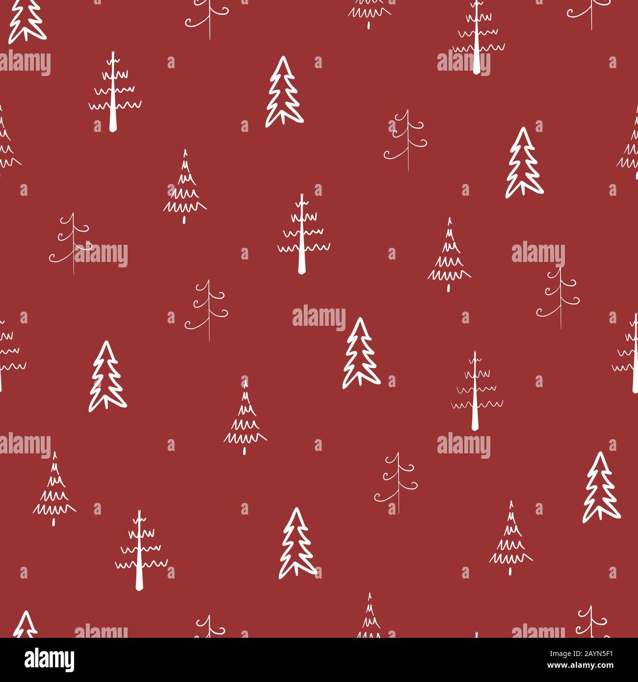 Weihnachtsbaum Vektor nahtlos, Muster wiederholen. Weiße Bäume auf rotem Grund. Doodle Trees, handgezeichnete Illustration für Hintergrund, Druck oder Textil Stock Vektor