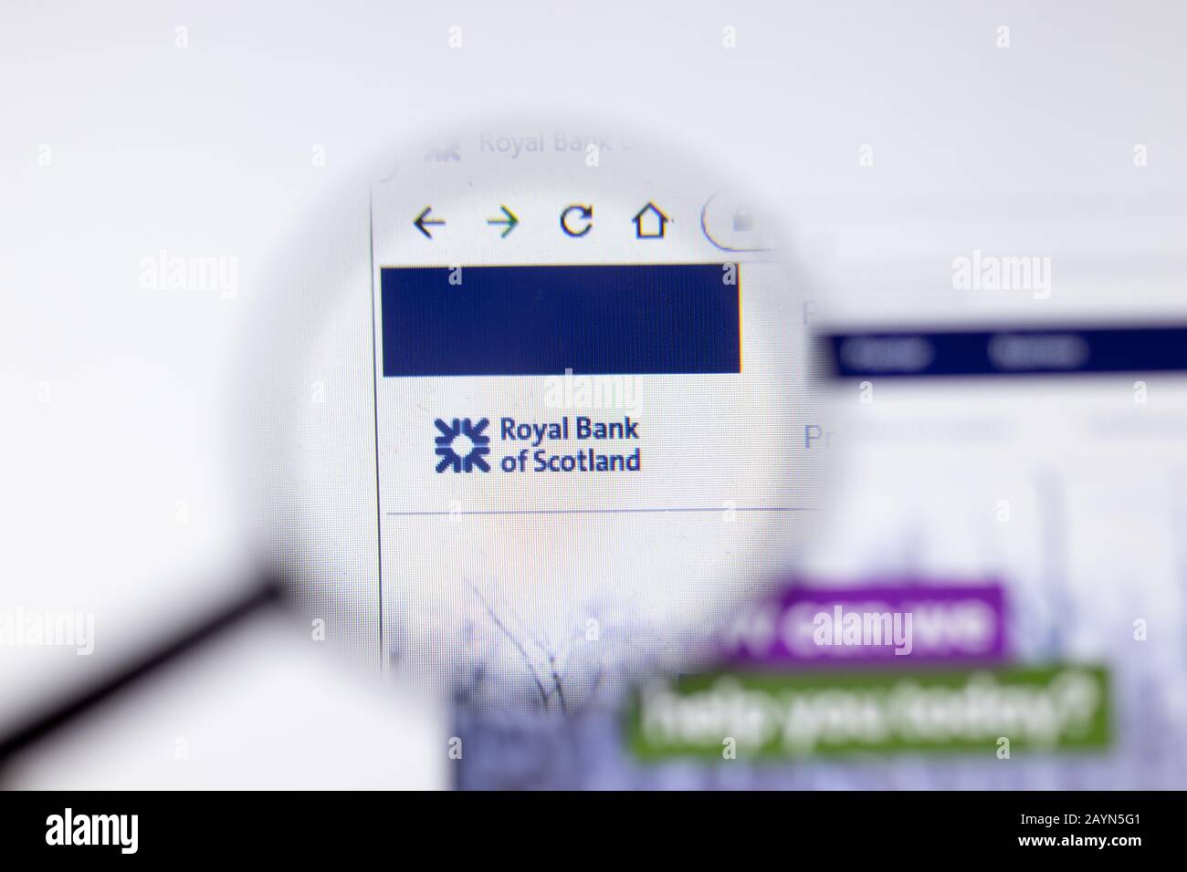 Petersburg, Russland - 18. Februar 2020: Logo der Website der Royal Bank of Scotland Company auf Laptop-Display. Bildschirm mit Symbol, Illustration Stockfoto
