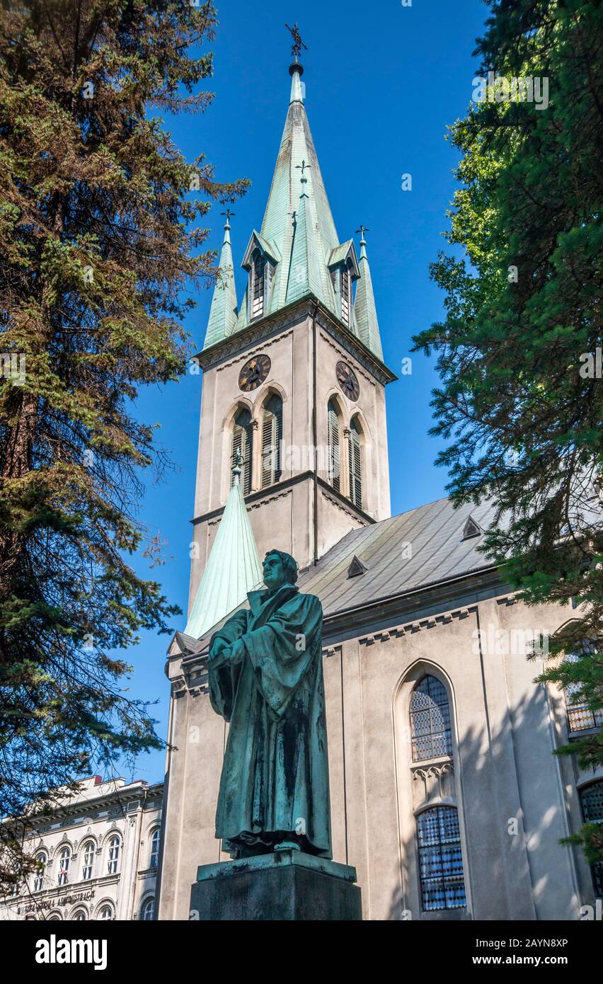 Martin-Luther-Statue, 1900, Jesus Evangelical Church of Augsburg Confession, 170-2, neogotisch, in Bielsko-Biala, Silesia, Polen Stockfoto