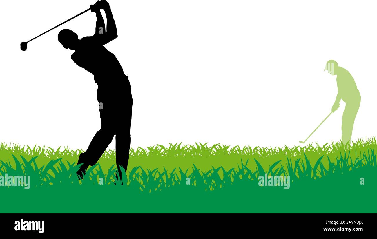 Turnierhintergrund für den Golfclub Wettbewerb. Vektorplakat mit Mann, das auf Grün spielt Stock Vektor