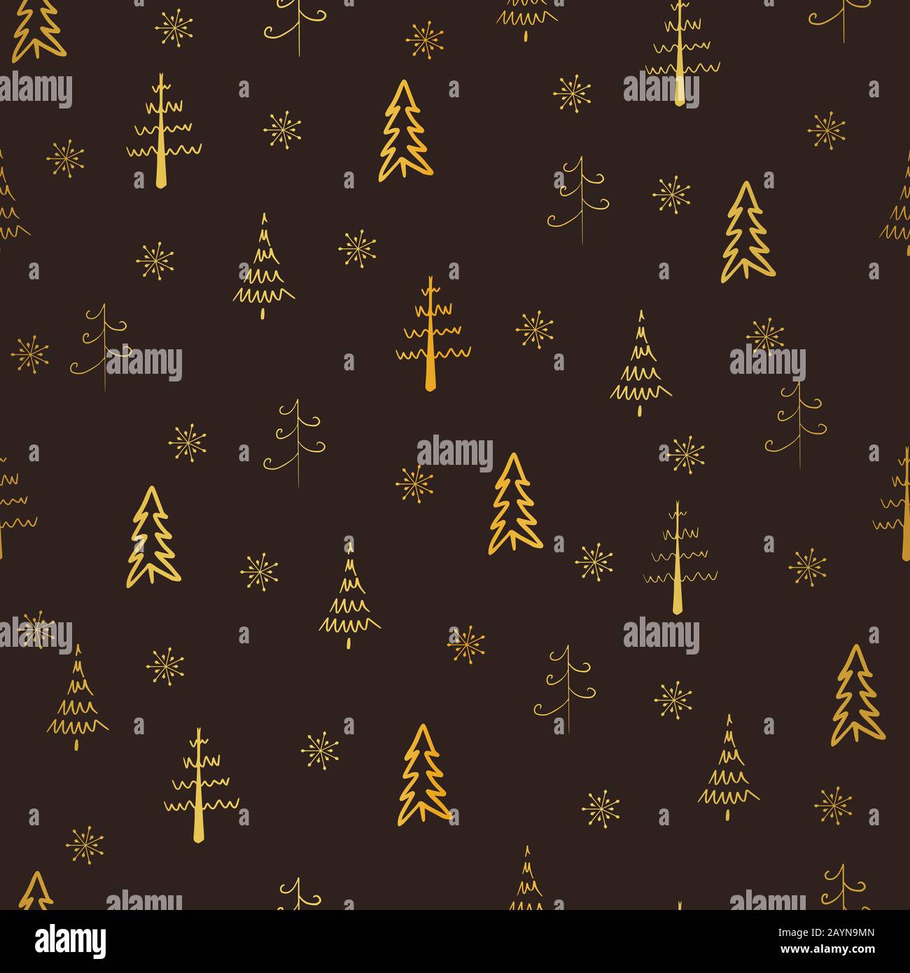 Weihnachtsbaum und Schneeflockenvektor nahtlos, wiederholtes Muster. Goldbäume und Schneeflocken auf braunem Grund. Doodle Trees, handgezeichnete Abbildung für Stock Vektor