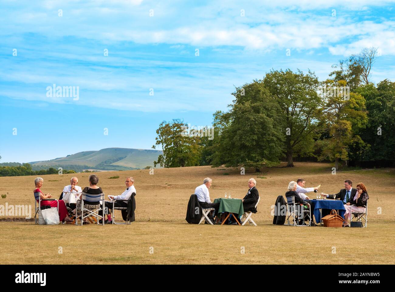 Picknicks auf dem Rasen an der Glyndebourne Festival Opera, England, Großbritannien Stockfoto