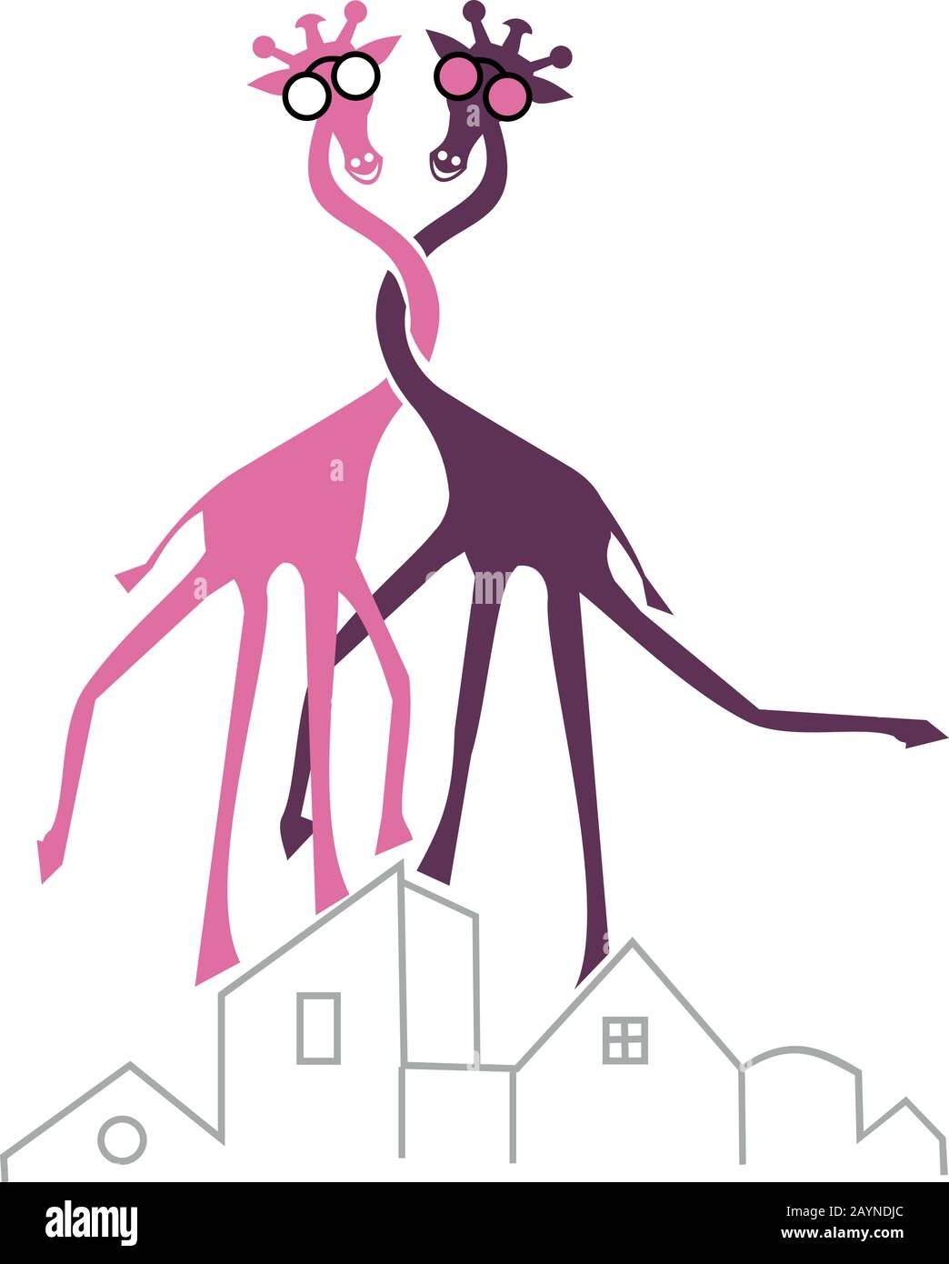 Zwei Giraffen tanzen und haben Spaß auf den Dächern Stock Vektor