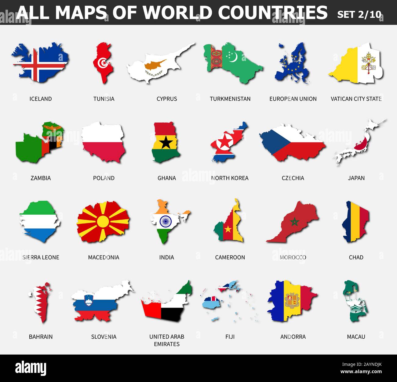 Alle Karten von Ländern und Flaggen der Welt. Satz 2 von 10 . Sammlung der Umrissform der internationalen Landkarte mit Schatten . Flaches Design . Vektor. Stock Vektor