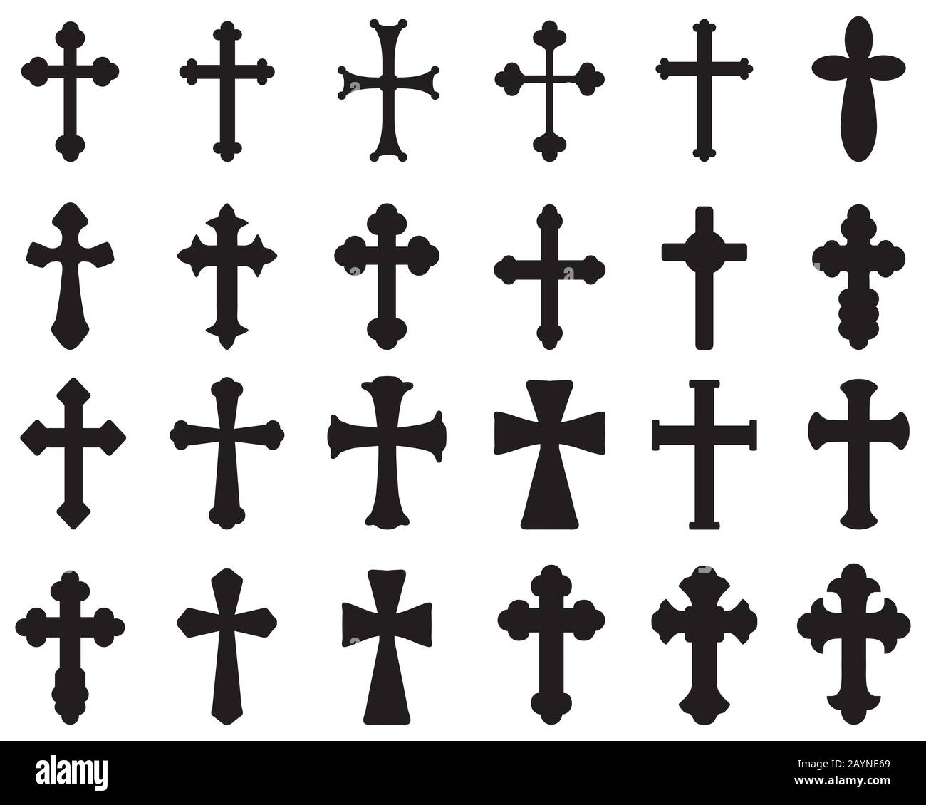 Große schwarze Silhouetten verschiedener Kreuze, verschiedene religiöse Symbole Stockfoto