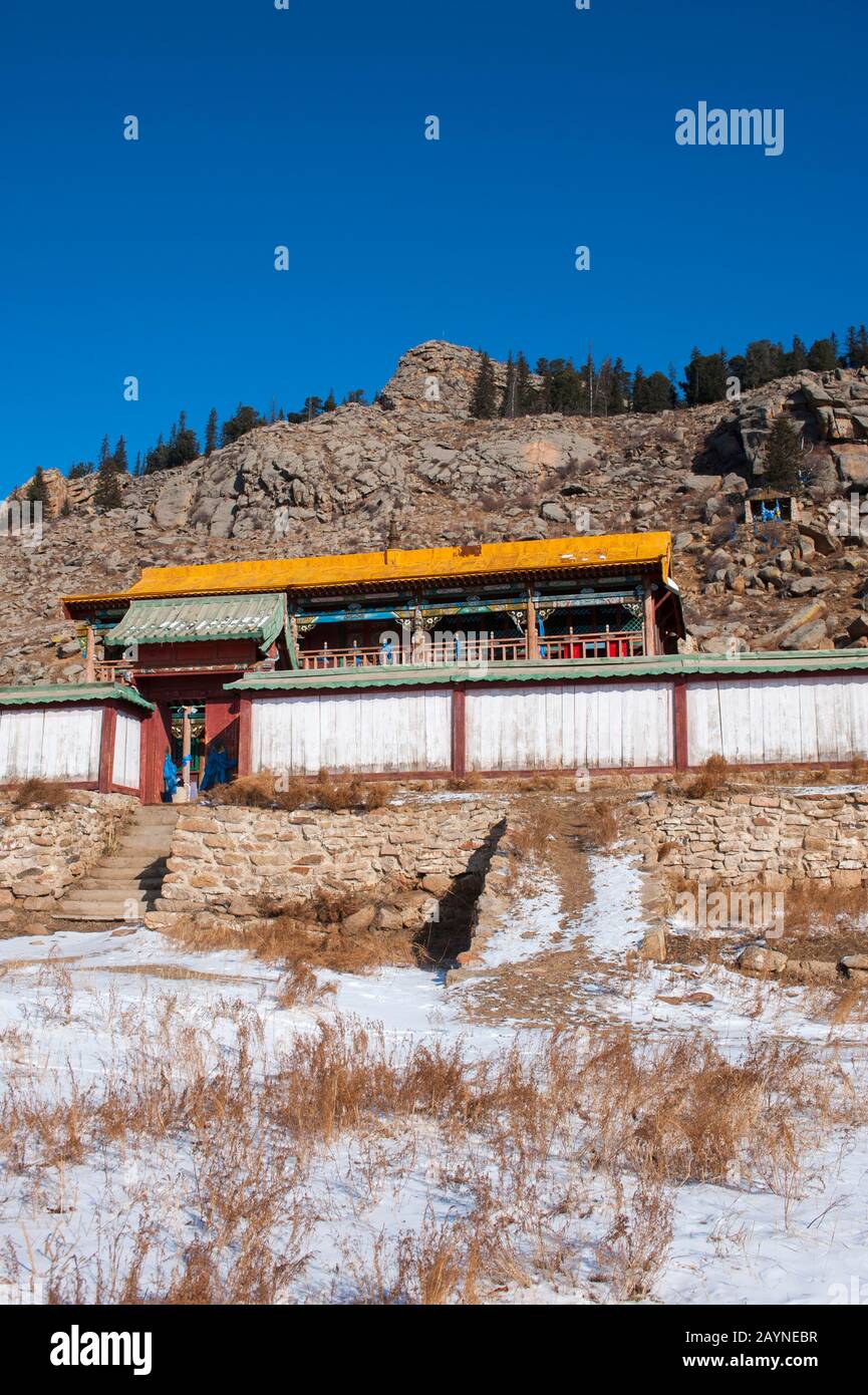 Das Kloster Manjusri, ein ehemaliges buddhistisches Kloster, das 1733 eingerichtet und 1937 von mongolischen Kommunisten zerstört wurde, in der Nähe von Ulaanbaatar, der Mongolei. Stockfoto