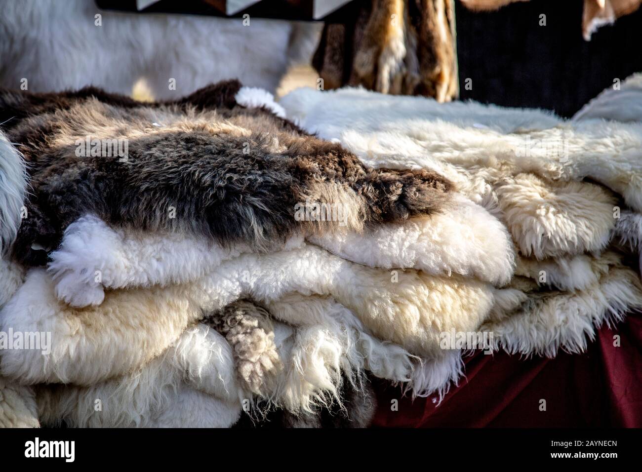 Stall, der Pelze verkauft, wirft auf dem Szabadsag Square Market (Liberty Square), Budapest, Ungarn Stockfoto