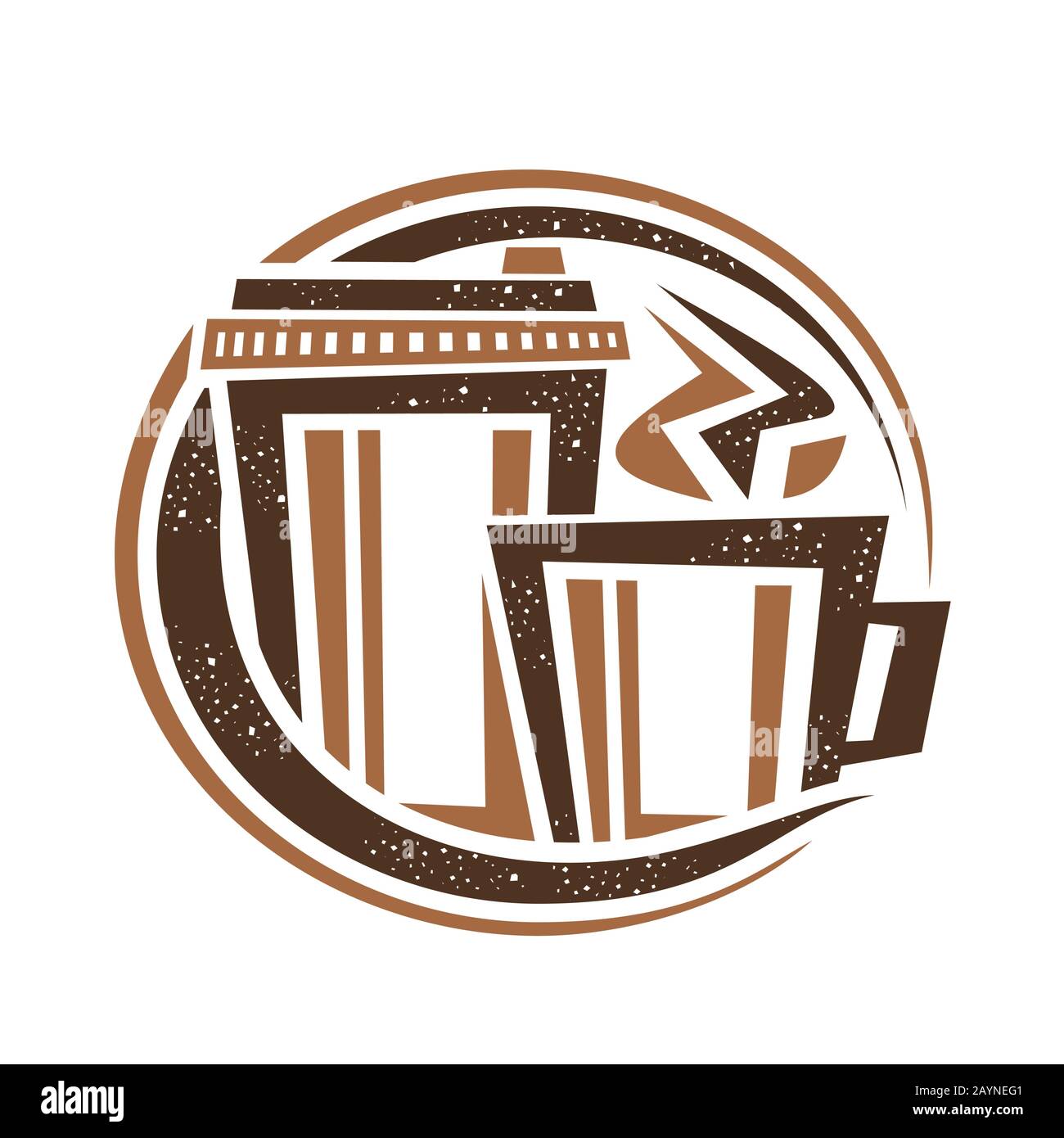 Vektorlogo für Kaffeegetränk, dekoratives rundes Hinweisschild für das Hippercafé mit umrissener Darstellung der gedämpften Kaffeetasse und wegnehmen von Pappbecher Stock Vektor