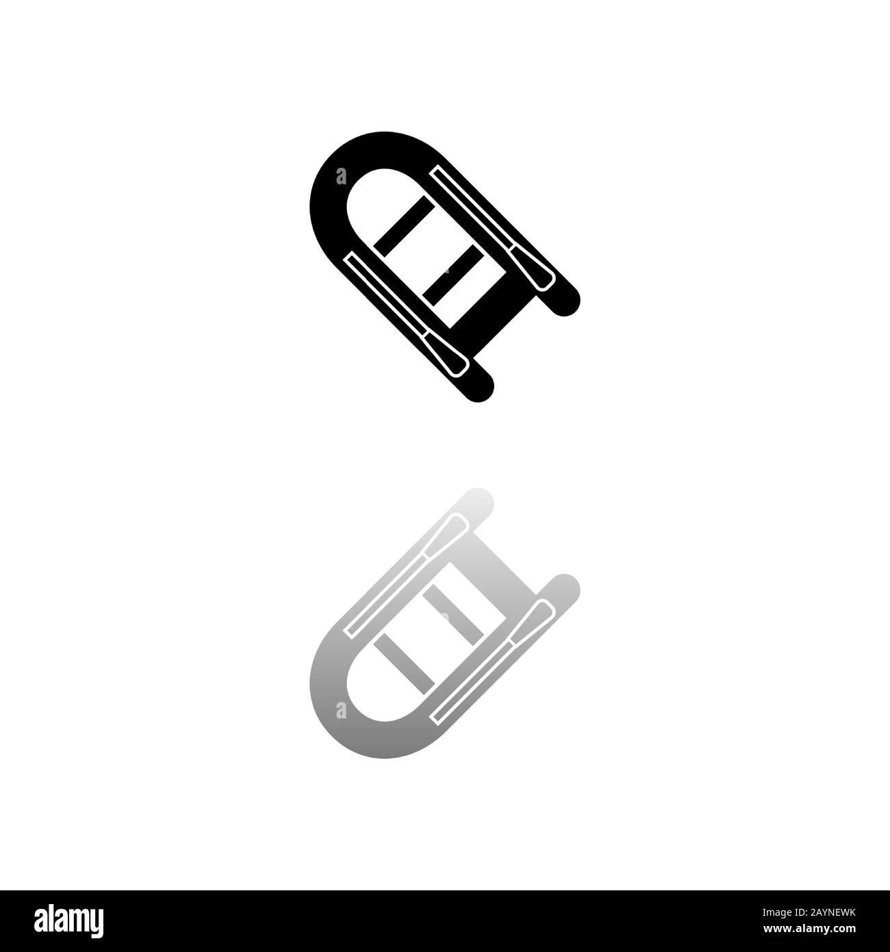 Motorboot. Schwarzes Symbol auf weißem Hintergrund. Einfache Abbildung. Symbol "Flacher Vektor". Spiegelreflexionsschatten. Kann in Logo, Web, Handy und UI verwendet werden Stock Vektor