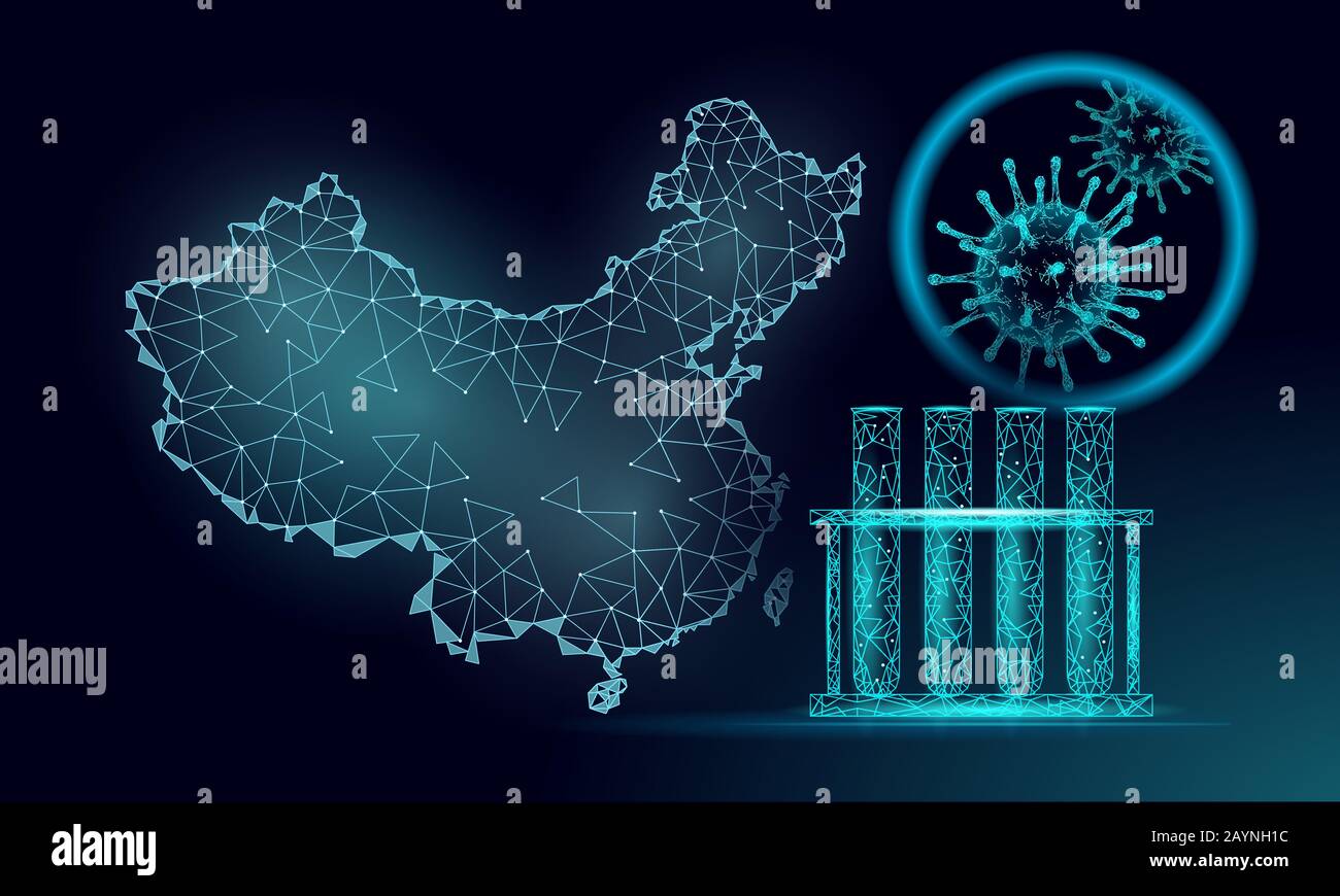 China Republic Land 3D-Karte. Analyse von Infektionspneumonien und Coronavirus. Internationales Design PRC blau dunkel leuchtende Silhouette. Unternehmen gegen Virus Stock Vektor