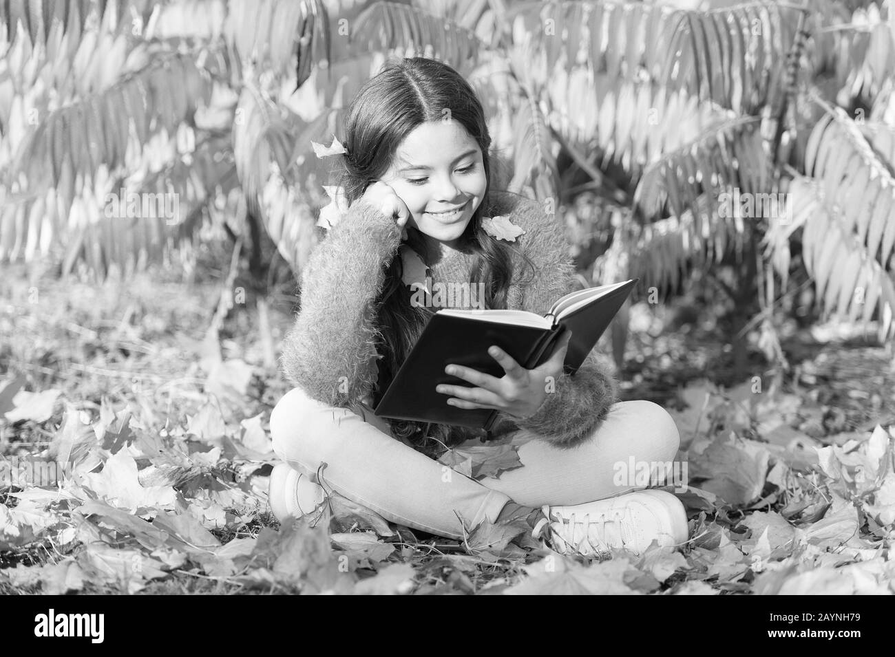 Hobby und Interessen. Kind viel Spaß beim Lesen. Schulmädchen Studie. Jeden Tag studieren. Mädchen lesen Buch Herbst Tag. Kleines Kind genießen Lernen in Garten oder Park. Kid Studie mit Buch. Selbst Bildung Konzept. Stockfoto