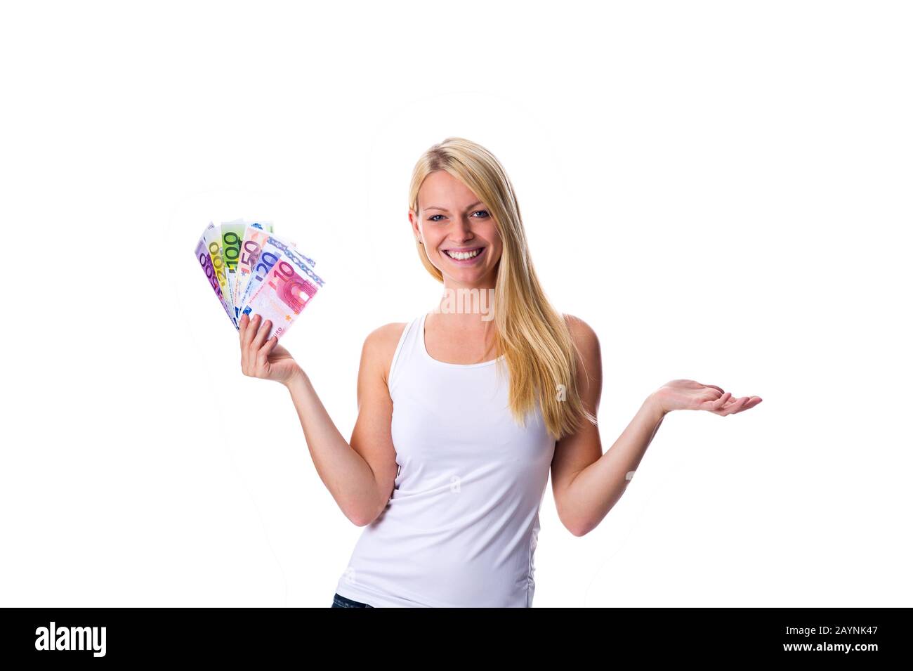 Blondine mit verschogenen Euro-Bantenen in der Hand Stockfoto