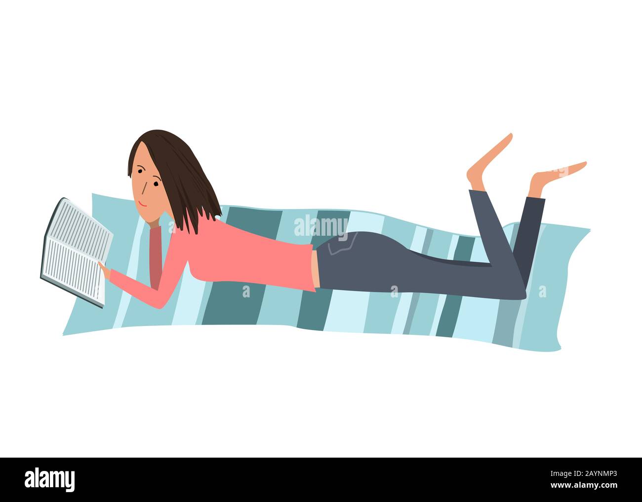 Vektor-Cartoon-Illustration mit einer hübschen Frau, die ein Buch liest, während sie auf dem Bauch liegt. Skizzenstil Stock Vektor