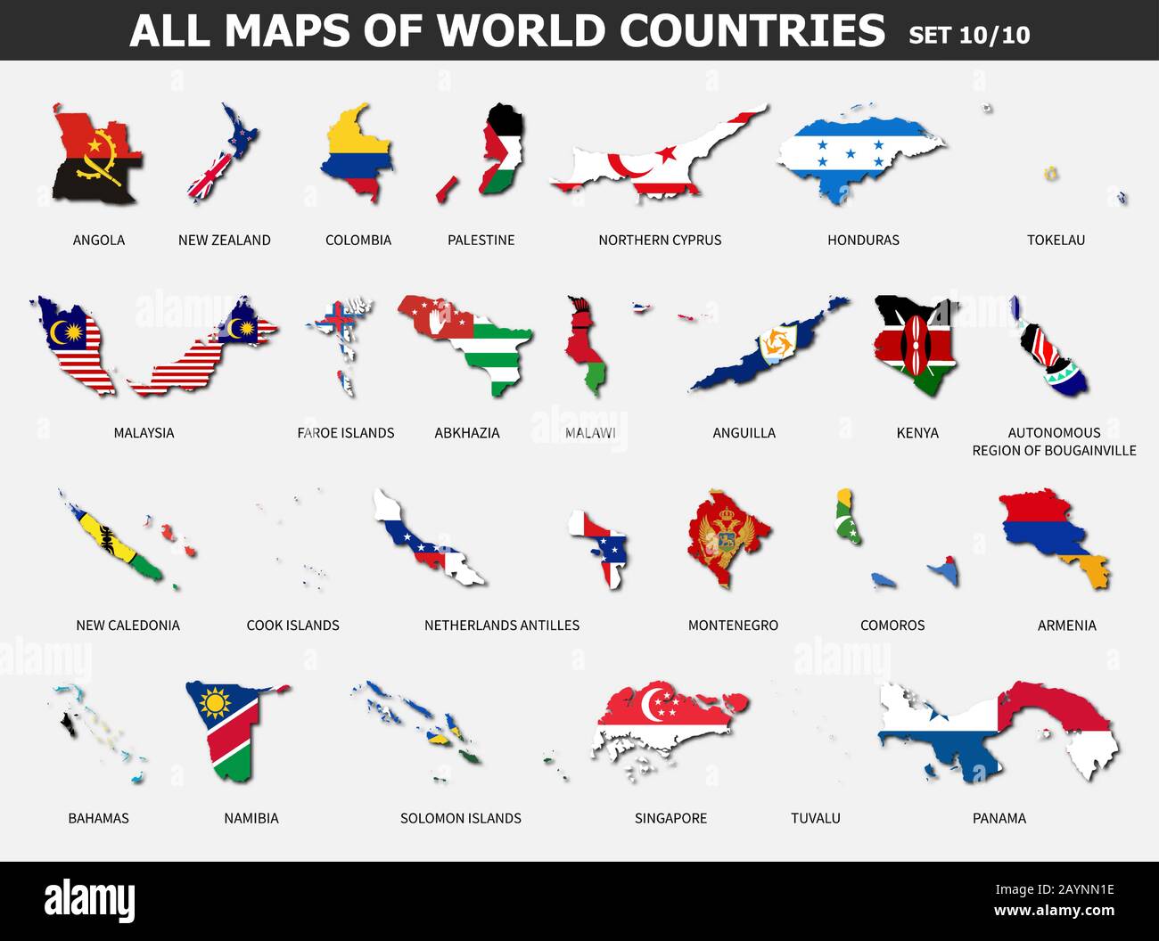 Alle Karten von Ländern und Flaggen der Welt. Satz 10 von 10 ( Vollständig ) . Sammlung der Umrissform der internationalen Landkarte mit Schatten . Flaches Design Stock Vektor