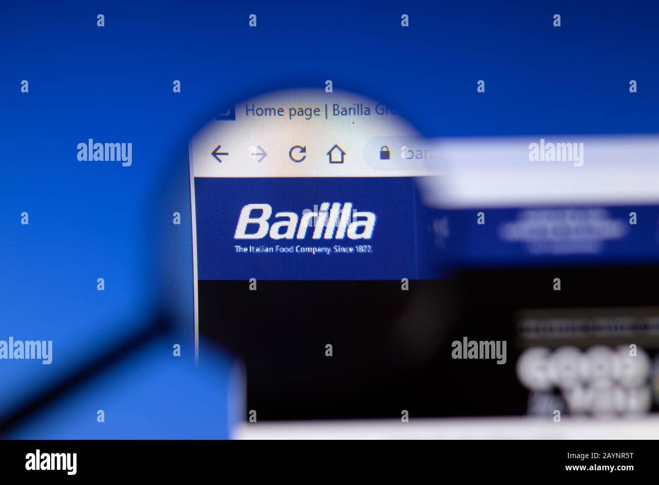 Sankt Petersburg, Russland - 18. Februar 2020: Logo auf der Webseite der Firma Barilla Group auf der Laptop-Anzeige. Bildschirm mit Symbol, Bildmaterial Stockfoto