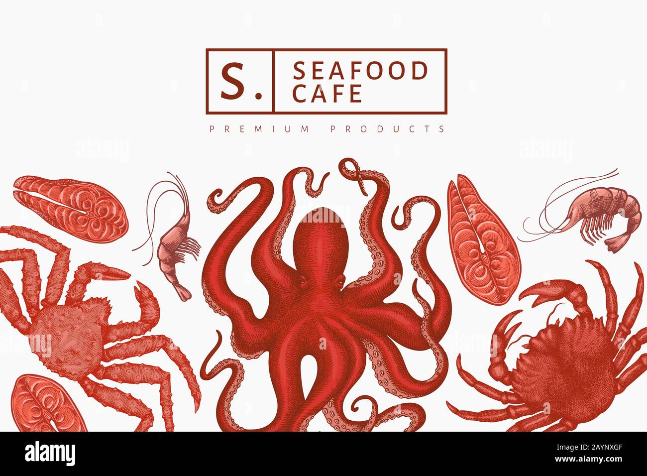 Designvorlage für Fisch und Meeresfrüchte. Handgezeichneter Vector Seafood Illustration. Lebensmittelbanner mit Gravur. Vintage Meerestiere Hintergrund Stock Vektor