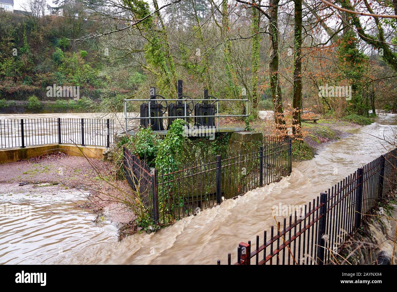 Das Radyr Weir Hydro Scheme, South Wales, wird überschwemmt, nachdem Der Fluss Taff während des Sturms Dennis Feb 2020 seine Ufer platzt Stockfoto