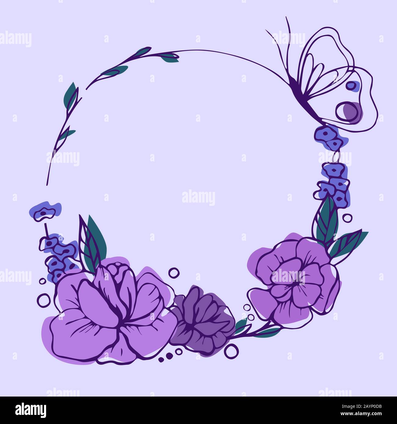 Vektorgrafiken. Violette handgezeichnete Blumen im Kreis. Schöne Frühlingskarte Stock Vektor