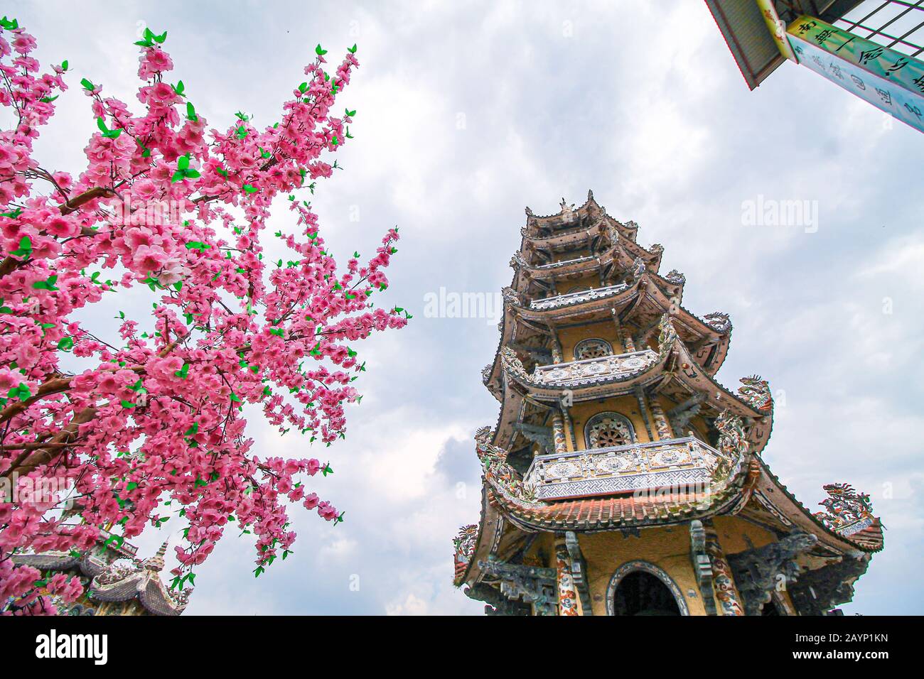 Linh An Pagode gerahmt von Kirschblüten, einem beliebten Touristenziel, das für Touristen aus dem in- und Ausland in da lat, Vietnam, absolut kostenlos ist Stockfoto