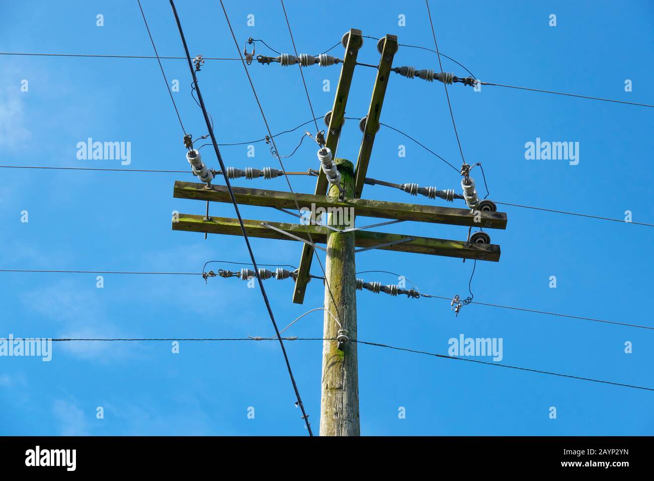 Ein Holz-Strompfosten mit Überkopfkabeln mit Isolatoren gegen einen blauen Himmel. Stockfoto