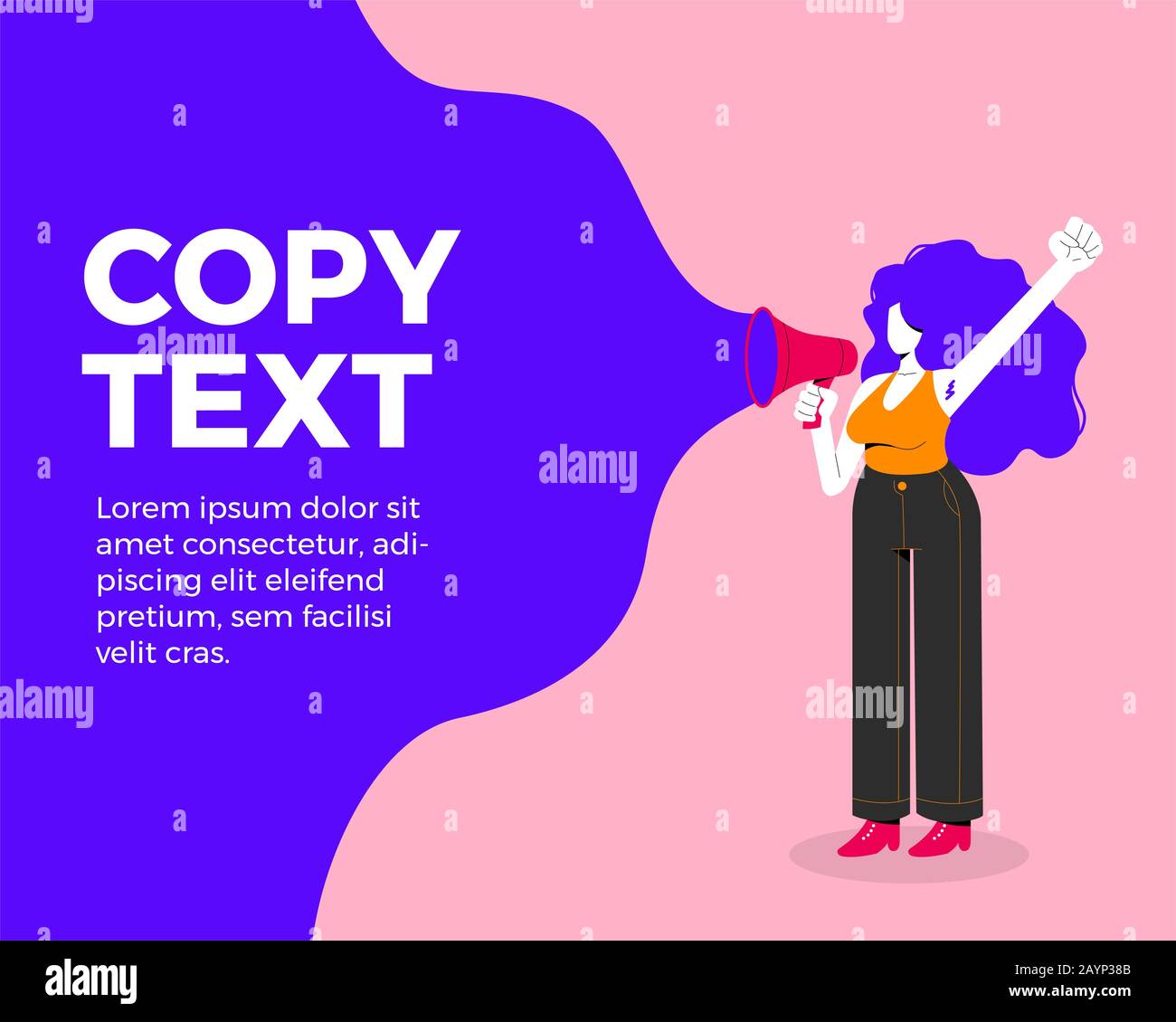 Vector flaches Design einer feministischen Frau mit einem Megafon und Kopierraum auf der linken Seite Stockfoto