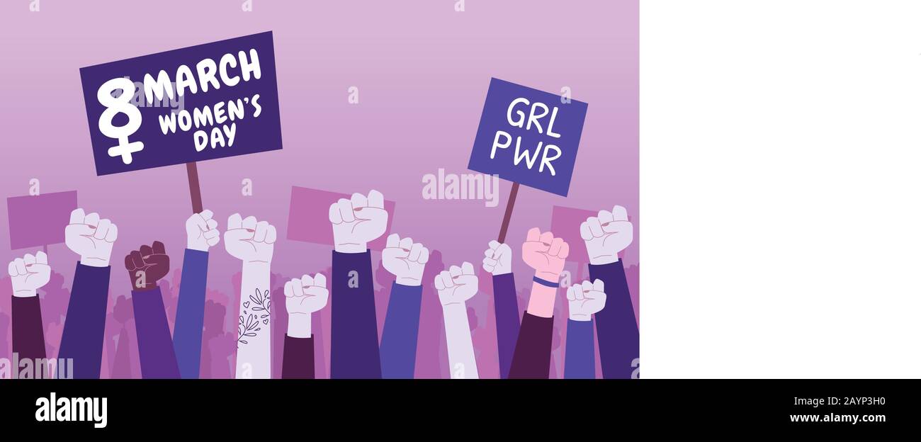 8. März Frauen und Mädchen Macht. Vektorflache Gestaltung einer feministischen Manifestation für den Frauentag Stock Vektor