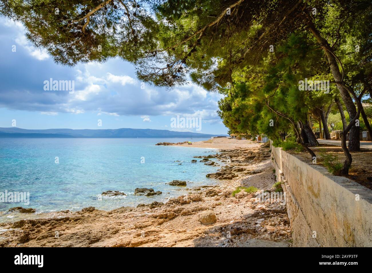 Küste in Bol, Insel Brac, Kroatien. Schöne Aussicht mit Pinien, Bergen und türkisfarbenem Wasser der Adria am sonnigen Tag. Berühmter Touristendestin Stockfoto