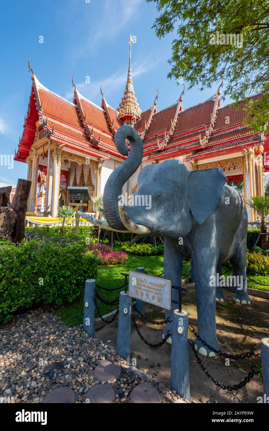 Eine große steinerne Elefantenstatue in einem Tempel auf der Insel Phuket in Thailand, asien. Stockfoto