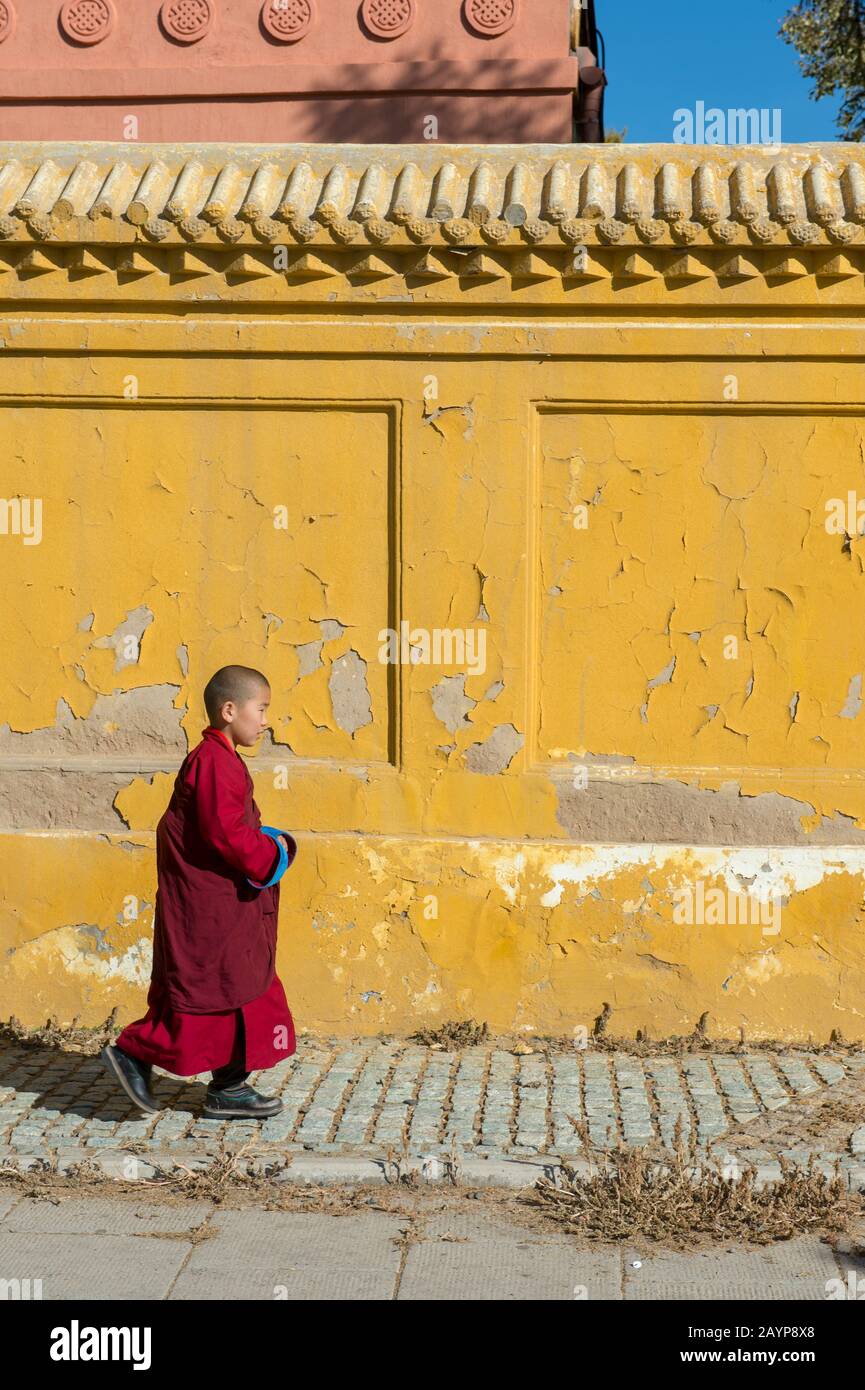Ein junger Mönch spazieren vor einer gelben Wand des Klosters Gandantegchinlen in Ulaanbaatar, der Mongolei. Stockfoto