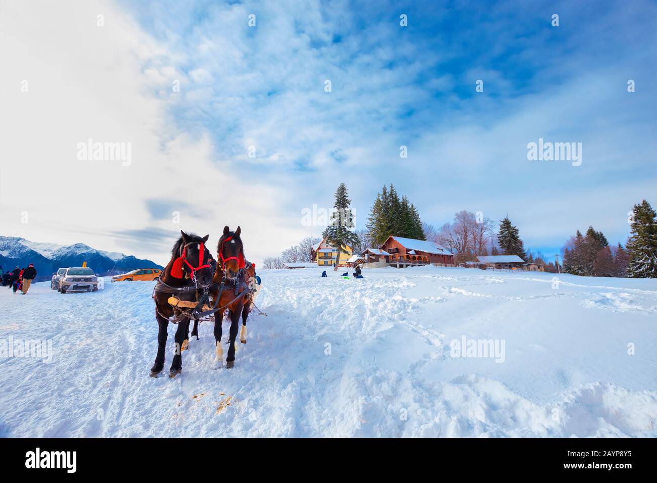 Fantastische Atmosphäre im Tei Brazi Chalet im Winter in 1120 Meter Höhe und 5 km vom Skigebiet Predeal, Bucegi Mountains, Rumänien Stockfoto