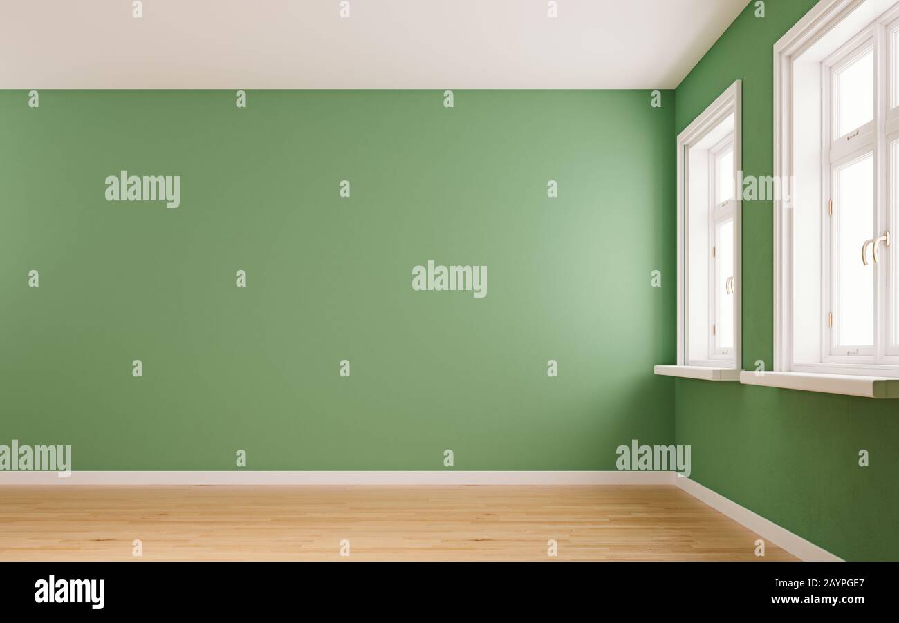 Olivgrüne Stehwand mit 2 großen Fenstern im leeren, modernen Innenraum, 3D-Rendering und 3D-Illustration Stockfoto